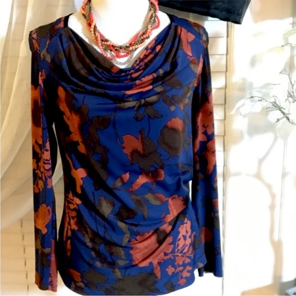 🌸3/$25 Simply Vera Wang Blue & Orange Drape Neck Top with Ruching, Size XS - Picture 5 of 12